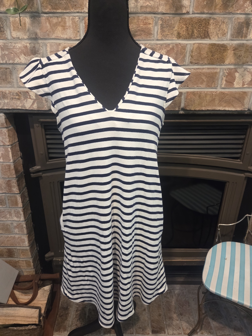 Monteau Navy and White Striped V‑Neck Midi Dress
